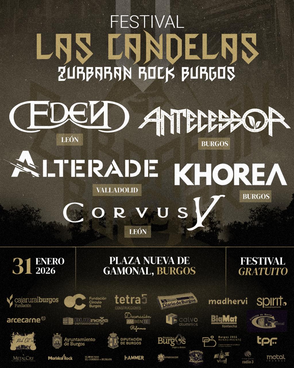 Festival Las Candelas Zurbarán Rock Burgos 2026. Eden Alterade Corvus V Anteccesor Khorea
